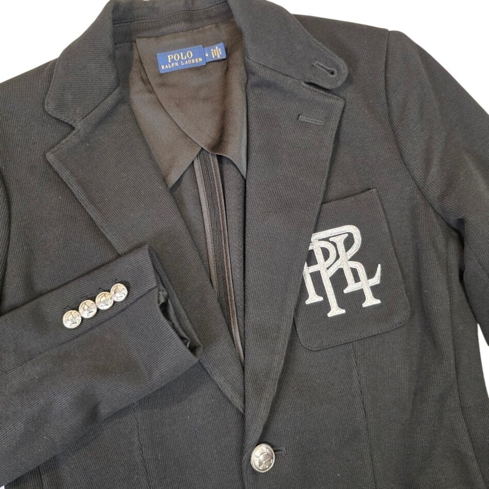 Polo Ralph Lauren Women's 4 Cotton Knit Blazer Black Embroidered Crest Jacket